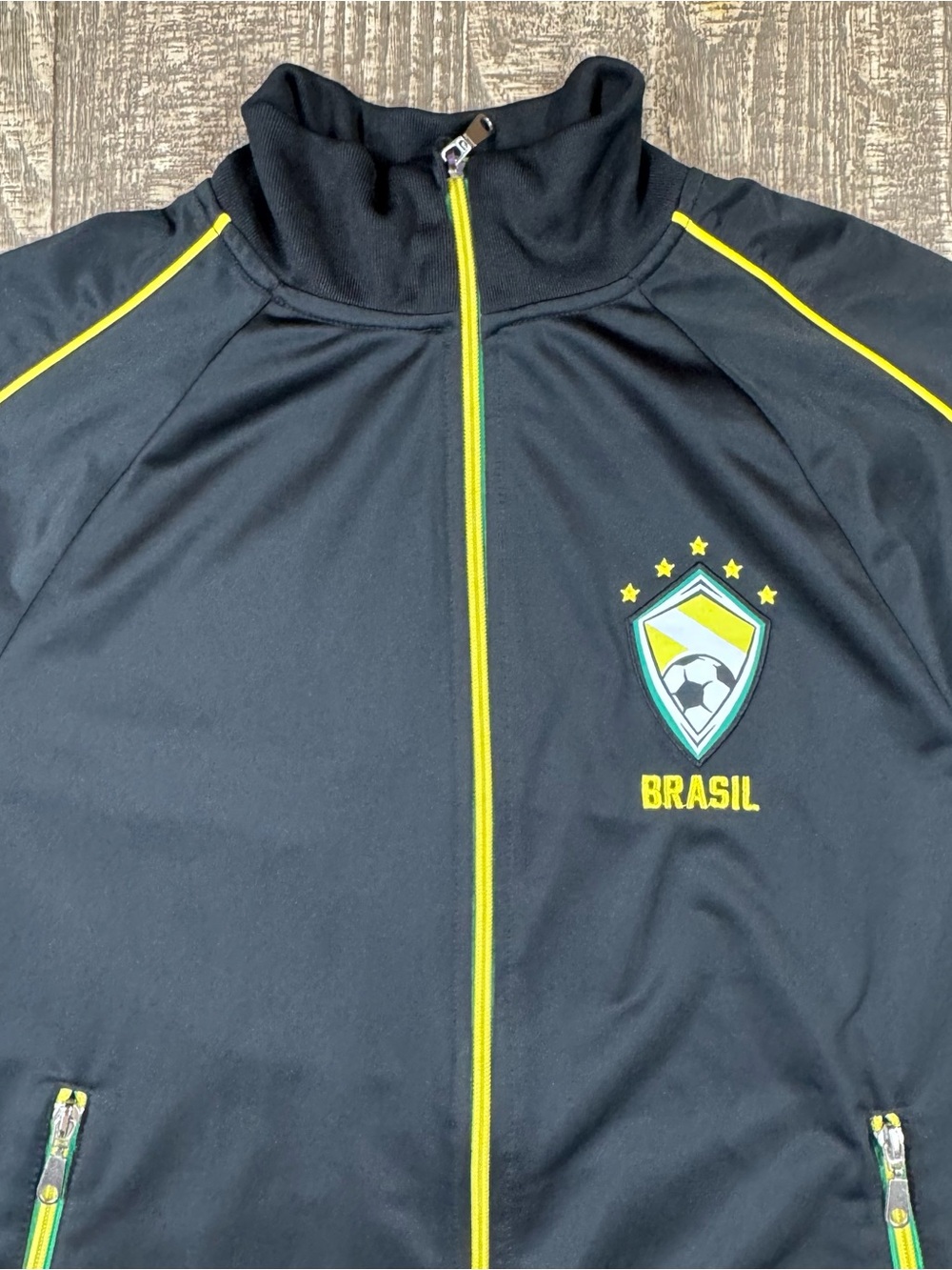 Brasil Soccer Zip Jacket - Black with Yellow Trim and Green lettering